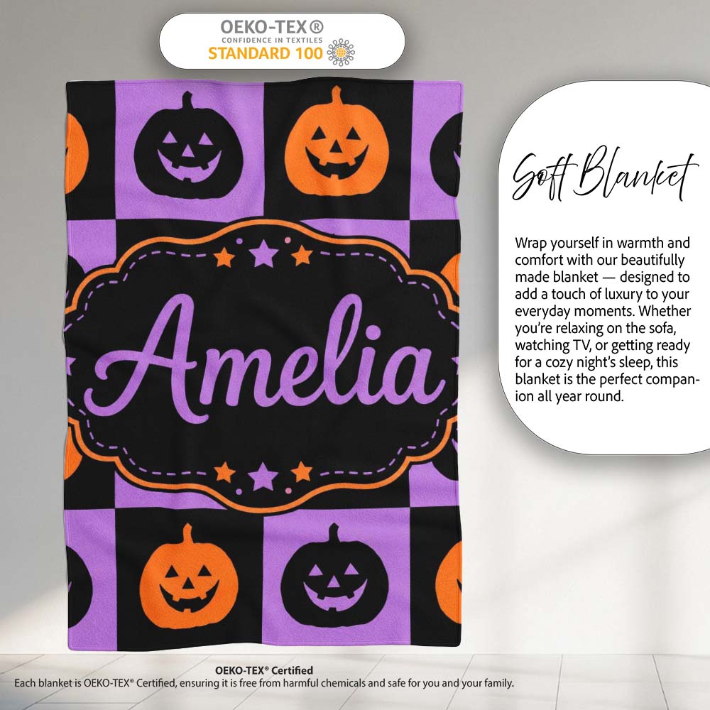 Black Orange Pumpkin Checkerboard Halloween Seamless Pattern UK Personalised Custom Name Super Soft Fleece Blanket Bed Sofa Throw