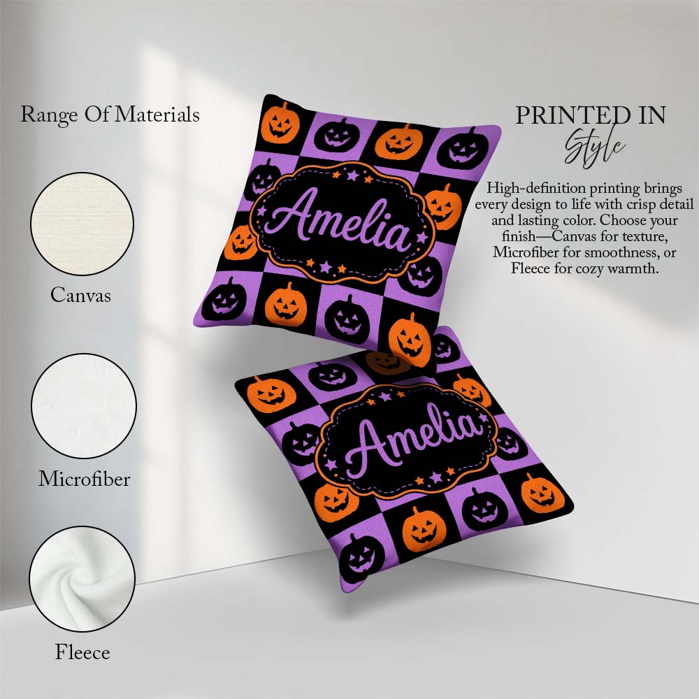 Custom Name Black Orange Pumpkin Halloween Seamless Pattern UK Square Filled Cushion Throw Pillow Sofa Bed Home Decor Zip Washable UK Made