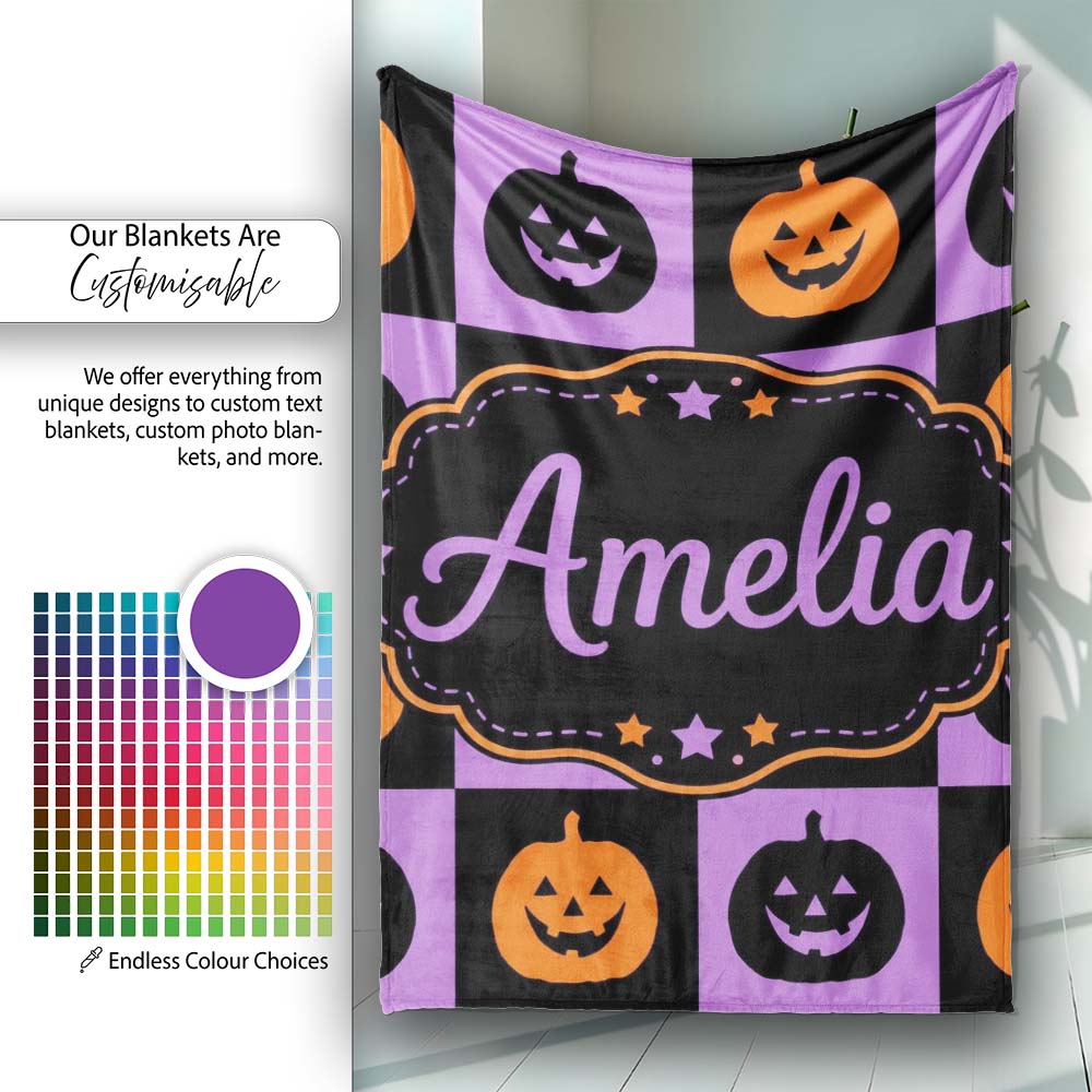 Black Orange Pumpkin Checkerboard Halloween Seamless Pattern UK Personalised Custom Name Super Soft Fleece Blanket Bed Sofa Throw