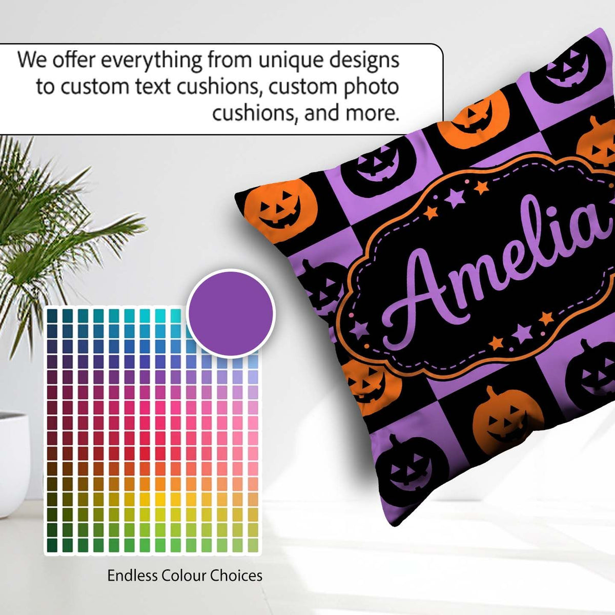 Custom Name Black Orange Pumpkin Halloween Seamless Pattern UK Square Filled Cushion Throw Pillow Sofa Bed Home Decor Zip Washable UK Made