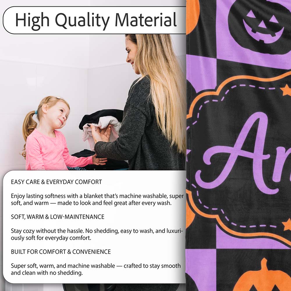 Black Orange Pumpkin Checkerboard Halloween Seamless Pattern UK Personalised Custom Name Super Soft Fleece Blanket Bed Sofa Throw