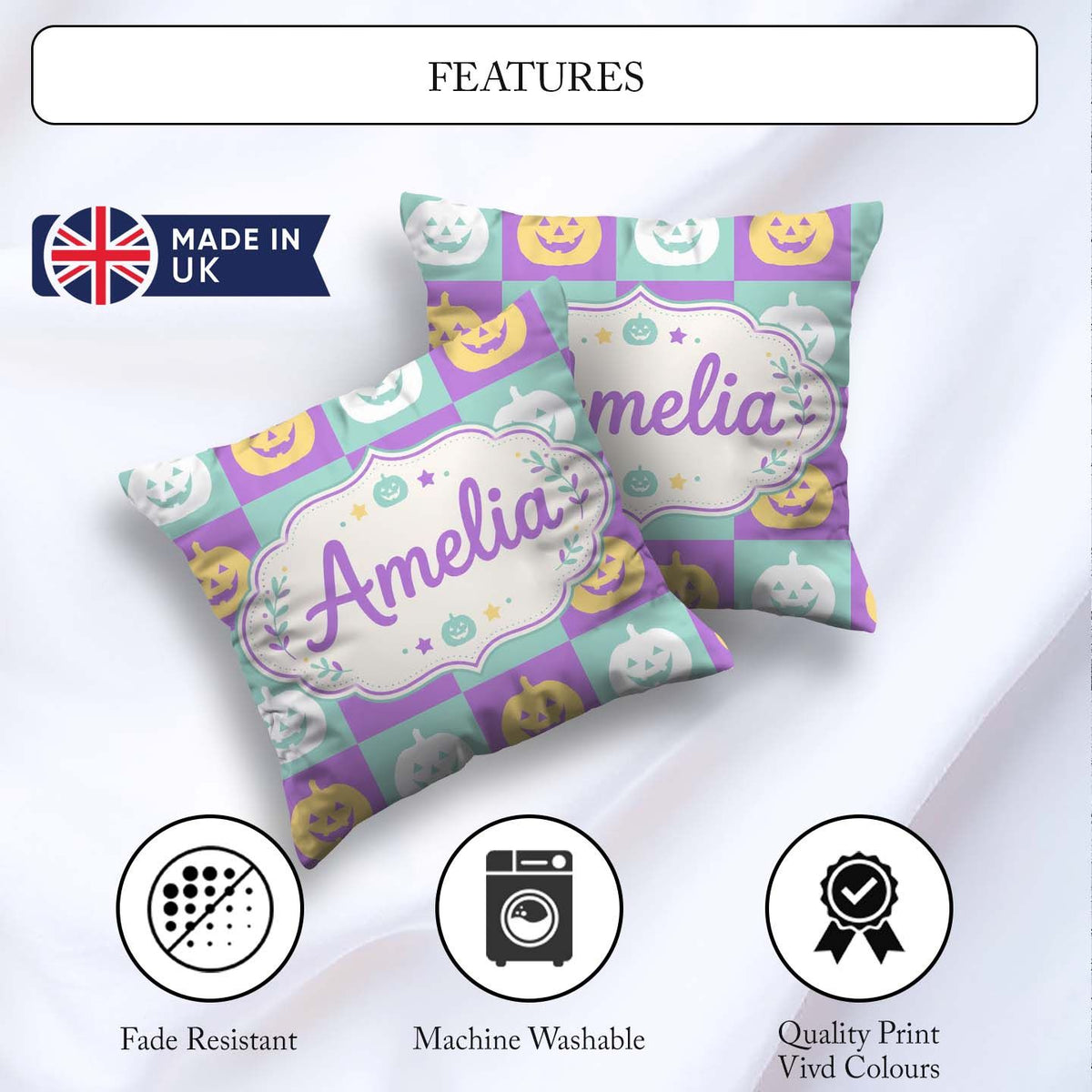 Custom Name Pastel Pumpkin Checkerboard Soft Seamless Pattern UK Square Filled Cushion Throw Pillow Sofa Bed Home Decor Zip Washable UK Made