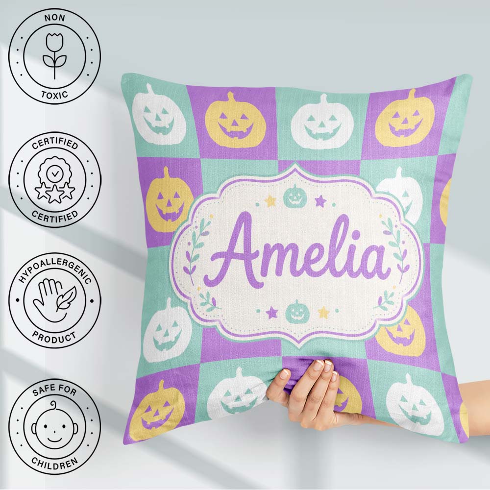 Custom Name Pastel Pumpkin Checkerboard Soft Seamless Pattern UK Square Filled Cushion Throw Pillow Sofa Bed Home Decor Zip Washable UK Made