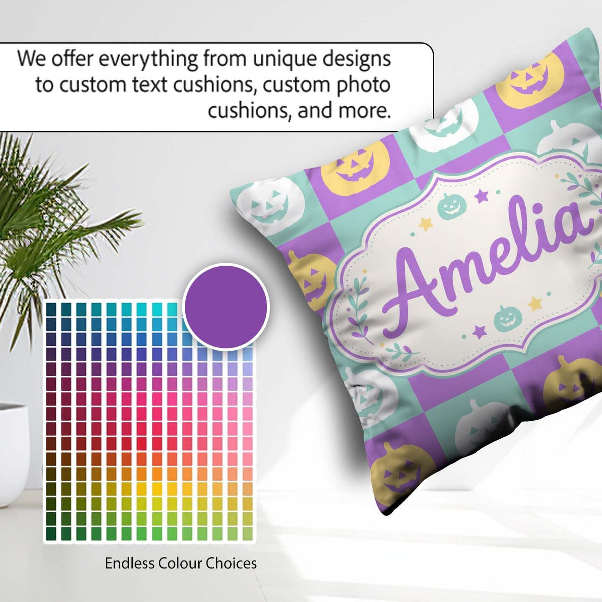 Custom Name Pastel Pumpkin Checkerboard Soft Seamless Pattern UK Square Filled Cushion Throw Pillow Sofa Bed Home Decor Zip Washable UK Made