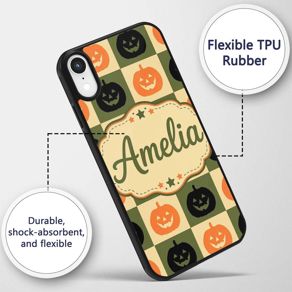 Olive Pumpkin Checkerboard Rustic Autumn Seamless Custom Name Protective Phone Case Mobile Cover Durable Everyday Smartphone Shock Resistant