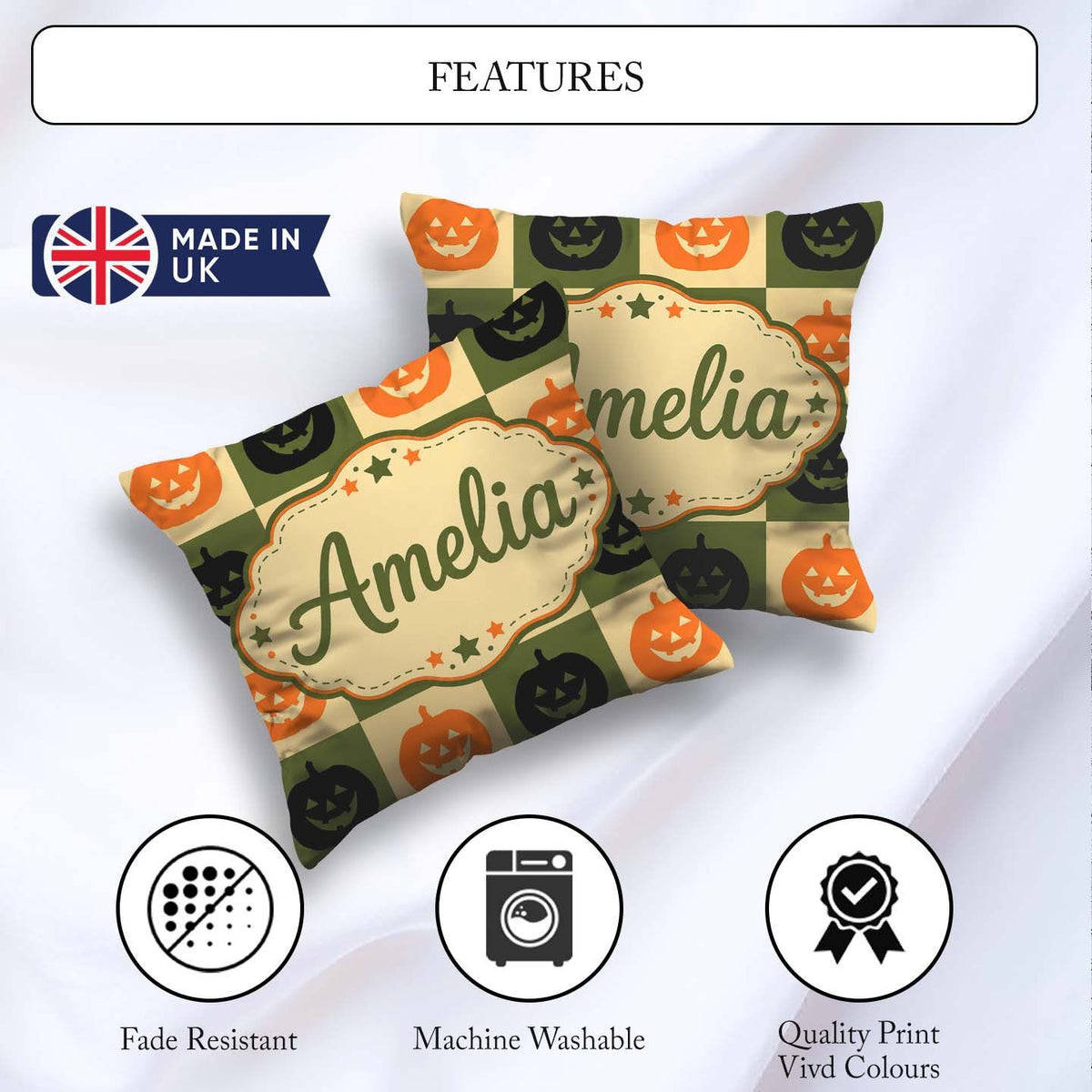 Custom Name Olive Pumpkin Rustic Autumn Seamless Pattern UK Name Square Filled Cushion Throw Pillow Sofa Bed Home Decor Zip Washable UK Made