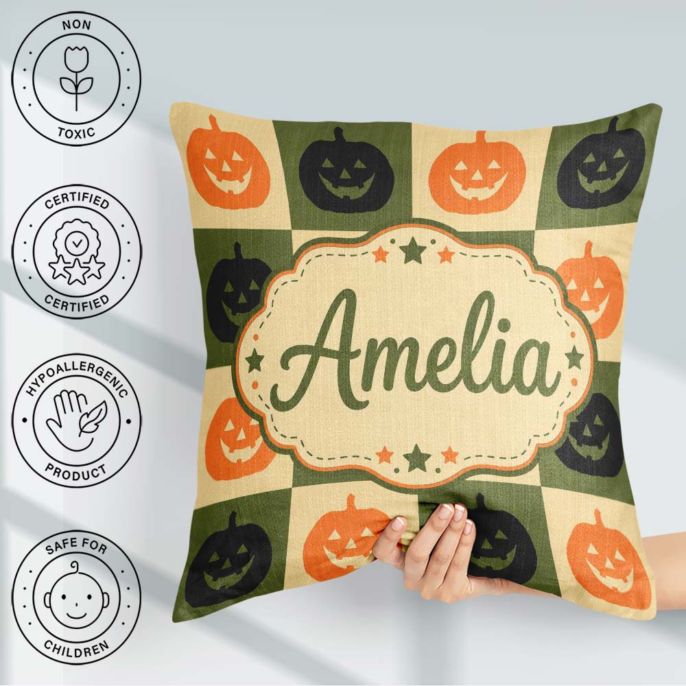Custom Name Olive Pumpkin Rustic Autumn Seamless Pattern UK Name Square Filled Cushion Throw Pillow Sofa Bed Home Decor Zip Washable UK Made