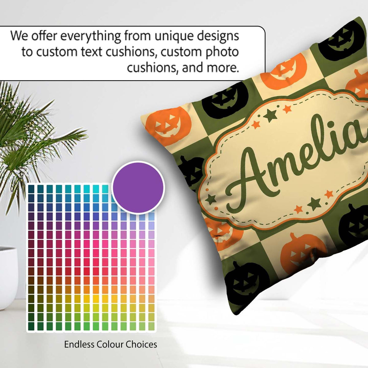 Custom Name Olive Pumpkin Rustic Autumn Seamless Pattern UK Name Square Filled Cushion Throw Pillow Sofa Bed Home Decor Zip Washable UK Made