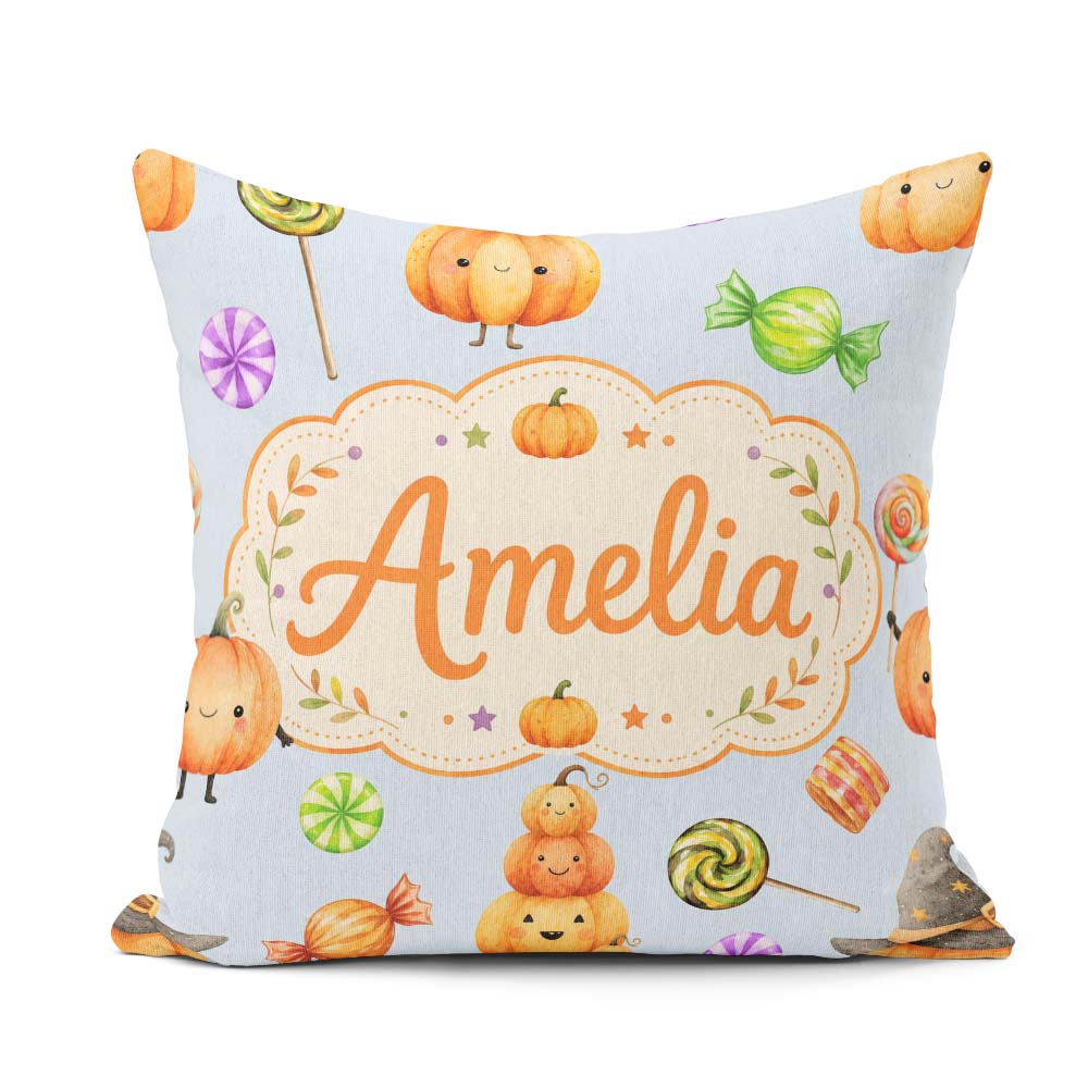 Custom Name Candy Pumpkin Characters Sweet Halloween Seamless UK Square Filled Cushion Throw Pillow Sofa Bed Home Decor Zip Washable UK Made