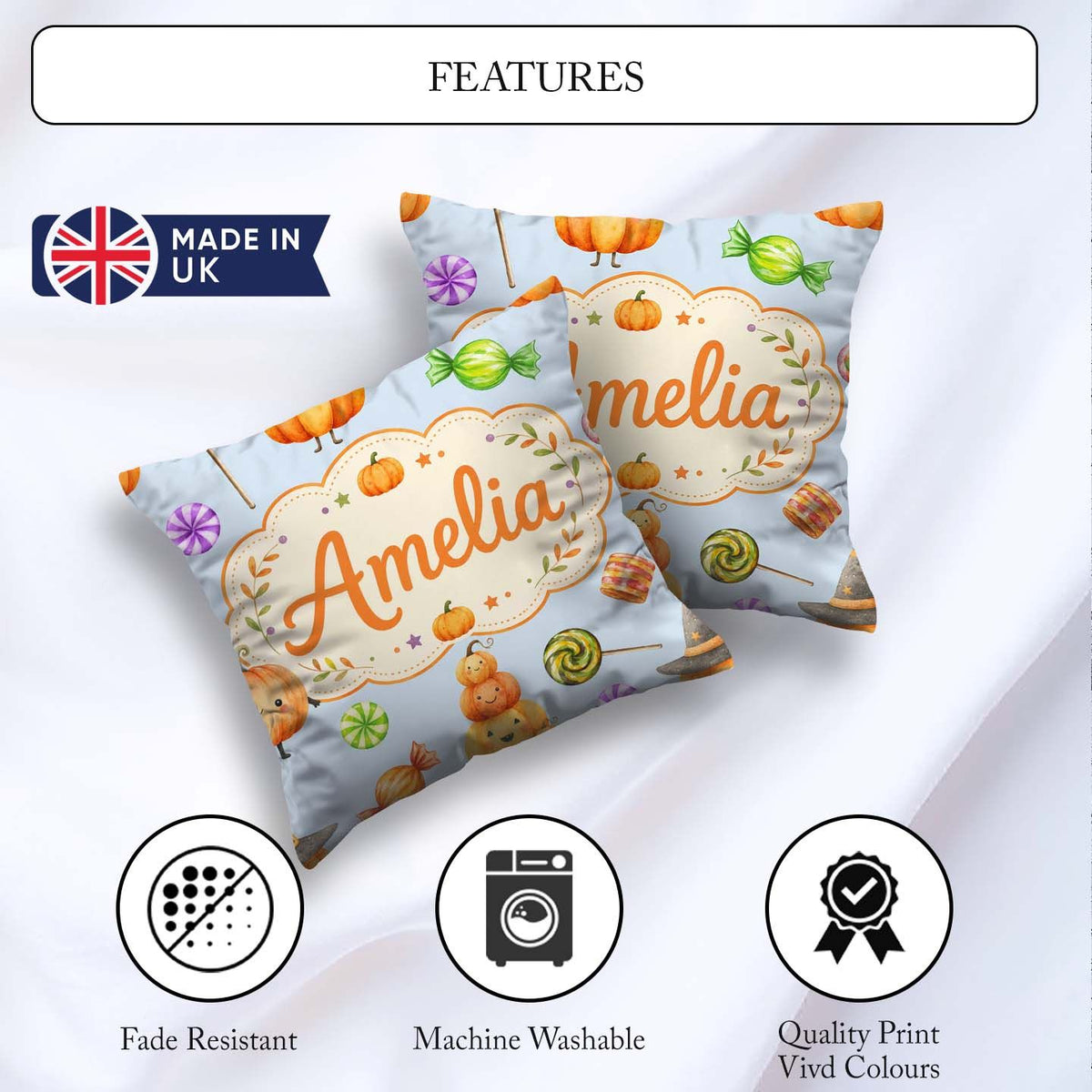 Custom Name Candy Pumpkin Characters Sweet Halloween Seamless UK Square Filled Cushion Throw Pillow Sofa Bed Home Decor Zip Washable UK Made