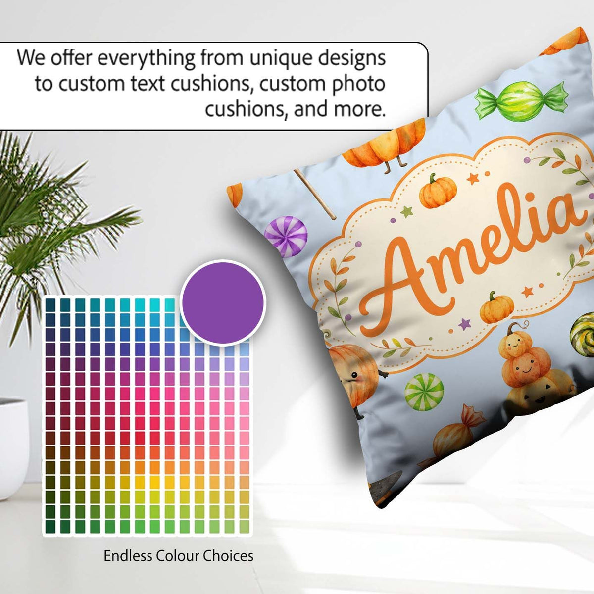 Custom Name Candy Pumpkin Characters Sweet Halloween Seamless UK Square Filled Cushion Throw Pillow Sofa Bed Home Decor Zip Washable UK Made