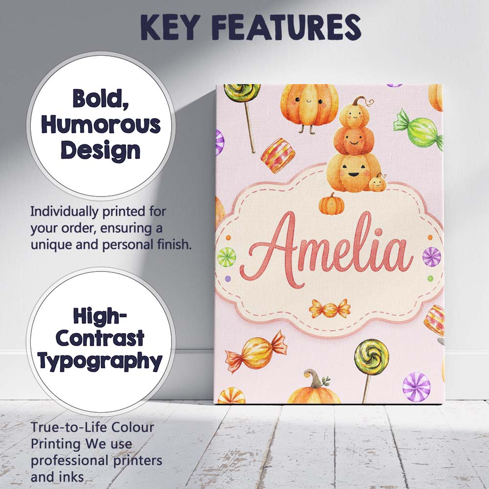 Personalised Name Cute Candy Pumpkin Custom Premium Decorative Design Modern Room Accent Canvas Wall Art Print Decor Picture Ready to Hang