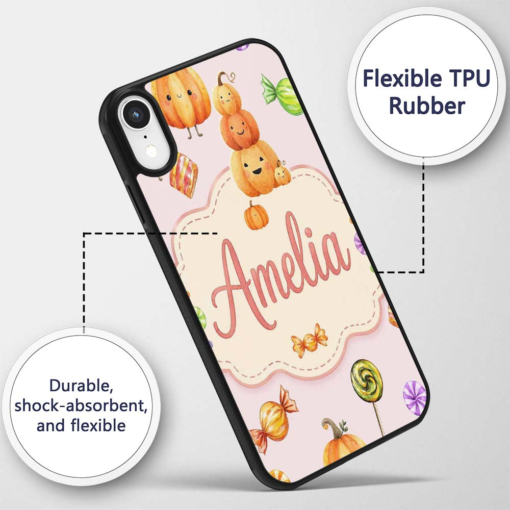 Cute Candy Pumpkin Characters Pink Background Custom Name Protective Phone Case Mobile Cover Durable Everyday Smartphone Shock Resistant