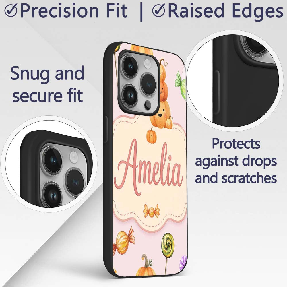 Cute Candy Pumpkin Characters Pink Background Custom Name Protective Phone Case Mobile Cover Durable Everyday Smartphone Shock Resistant