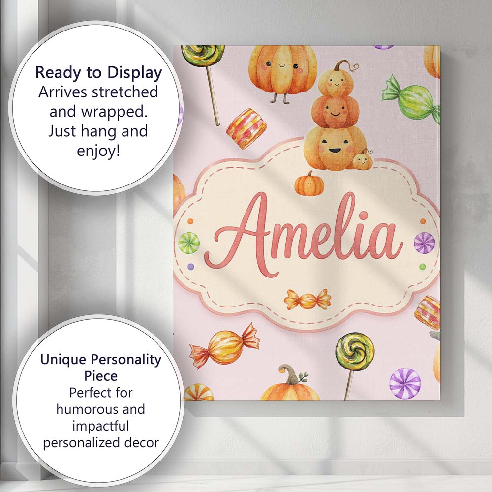 Personalised Name Cute Candy Pumpkin Custom Premium Decorative Design Modern Room Accent Canvas Wall Art Print Decor Picture Ready to Hang