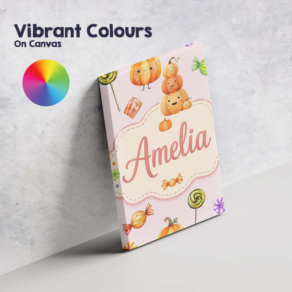 Personalised Name Cute Candy Pumpkin Custom Premium Decorative Design Modern Room Accent Canvas Wall Art Print Decor Picture Ready to Hang