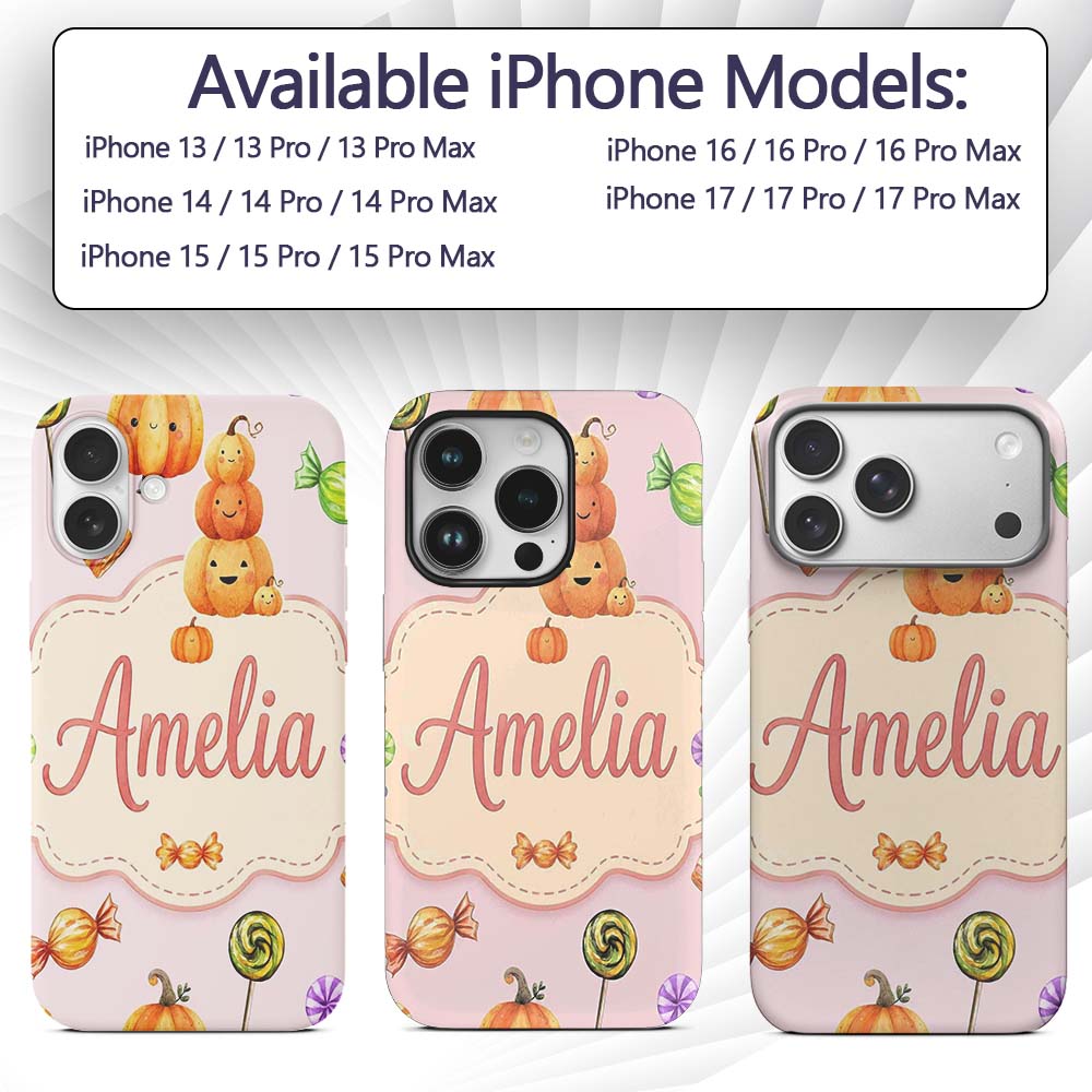 Cute Candy Pumpkin Characters Pink Background Custom Name Protective Phone Case Mobile Cover Durable Everyday Smartphone Shock Resistant