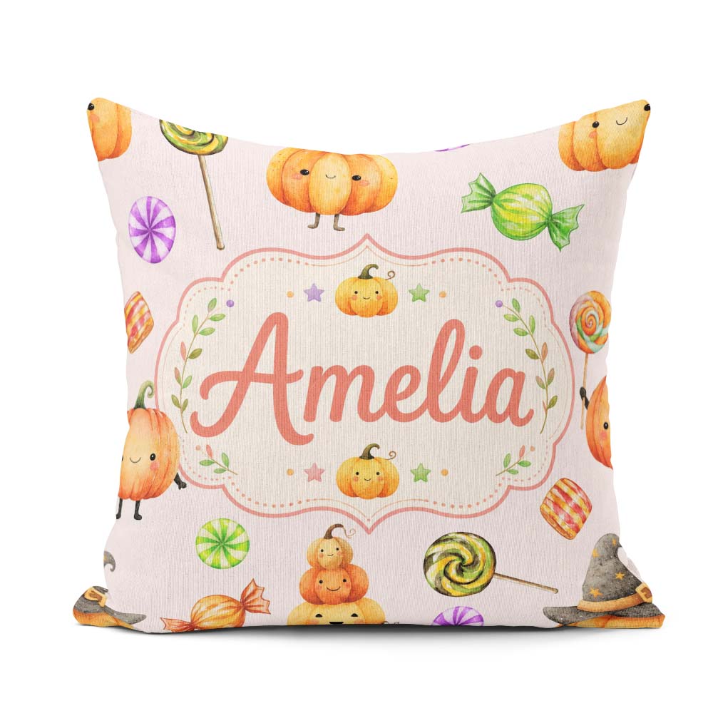 Custom Name Halloween Pumpkin Candy Characters Pastel Background Square Filled Cushion Throw Pillow Sofa Bed Home Decor Zip Washable UK Made