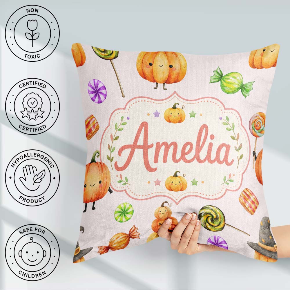Custom Name Halloween Pumpkin Candy Characters Pastel Background Square Filled Cushion Throw Pillow Sofa Bed Home Decor Zip Washable UK Made
