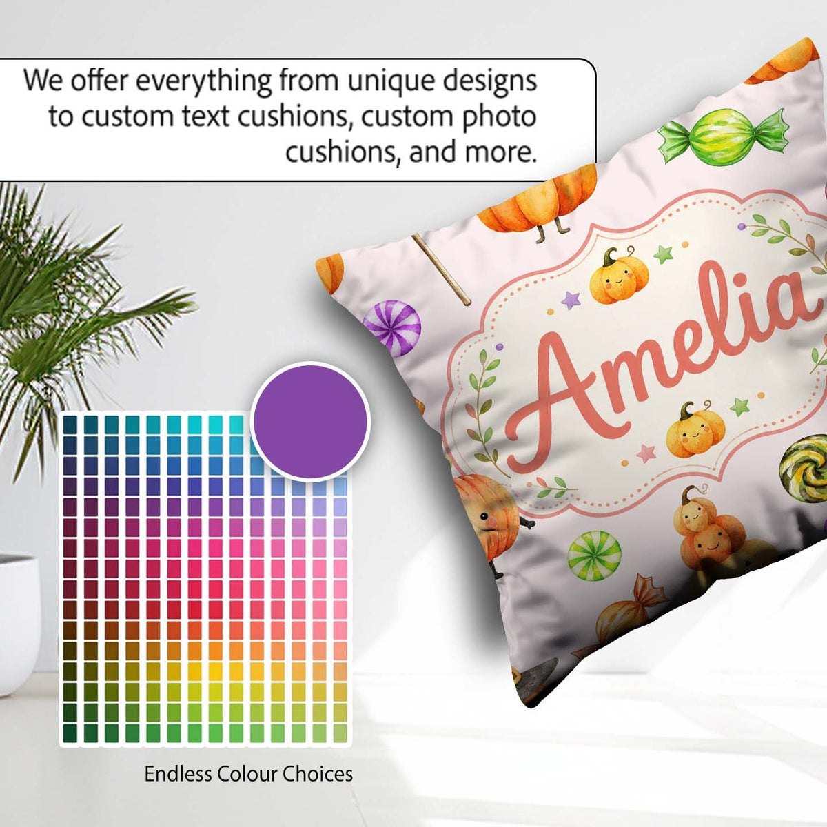 Custom Name Halloween Pumpkin Candy Characters Pastel Background Square Filled Cushion Throw Pillow Sofa Bed Home Decor Zip Washable UK Made