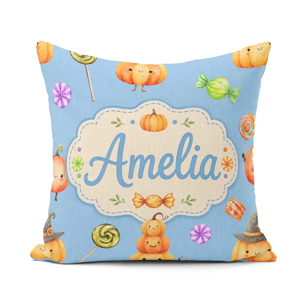 Custom Name Halloween Candy Characters Blue Background Seamless Square Filled Cushion Throw Pillow Sofa Bed Home Decor Zip Washable UK Made