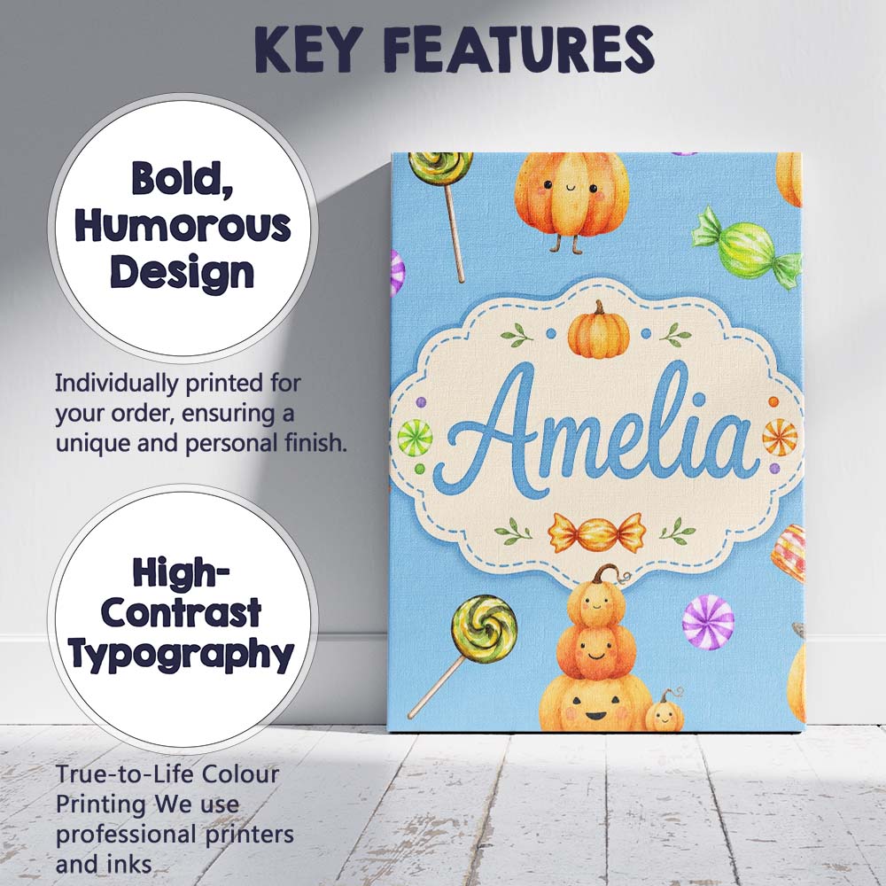 Personalised Name Cute Halloween Pumpkin Custom Unique Gift Idea Elegant Feature Canvas Wall Art Print Decor Picture Ready to Hang