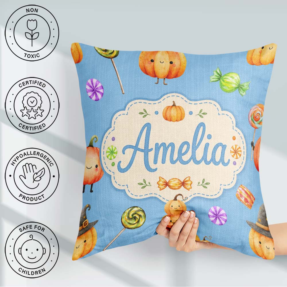 Custom Name Halloween Candy Characters Blue Background Seamless Square Filled Cushion Throw Pillow Sofa Bed Home Decor Zip Washable UK Made