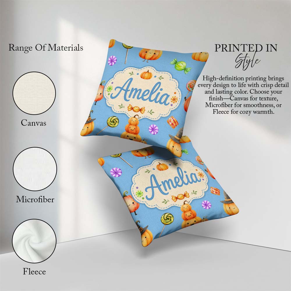 Custom Name Halloween Candy Characters Blue Background Seamless Square Filled Cushion Throw Pillow Sofa Bed Home Decor Zip Washable UK Made