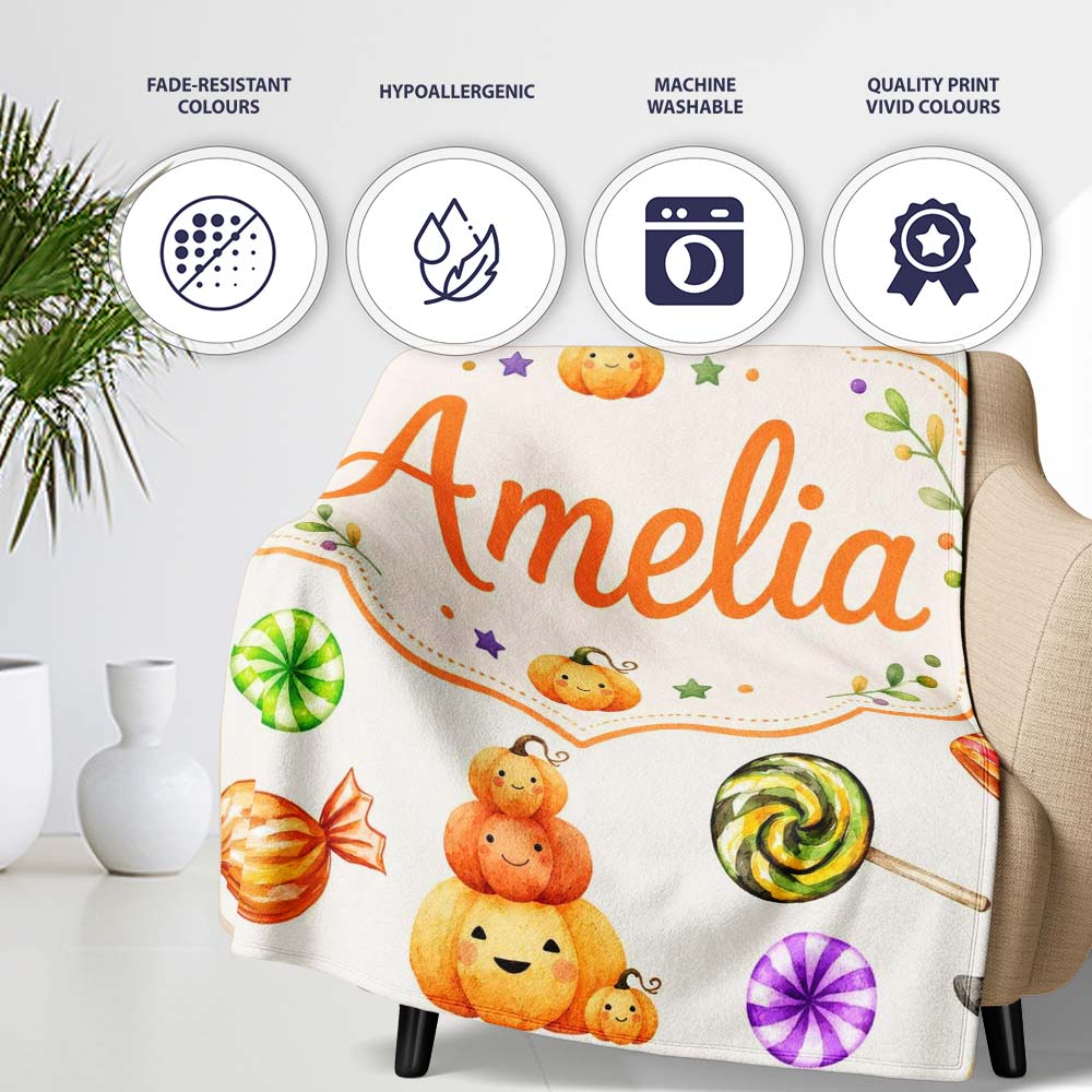 Cute Halloween Pumpkin Candy Characters Neutral Background Seamless Personalised Custom Name Super Soft Fleece Blanket Bed Sofa Throw