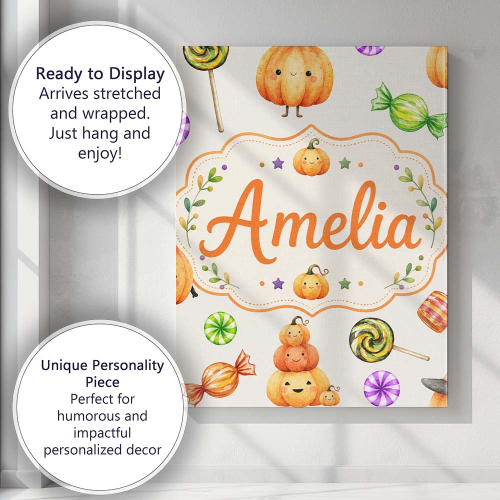 Personalised Name Cute Halloween Pumpkin Custom Unique Gift Idea Elegant Feature Canvas Wall Art Print Decor Picture Ready to Hang