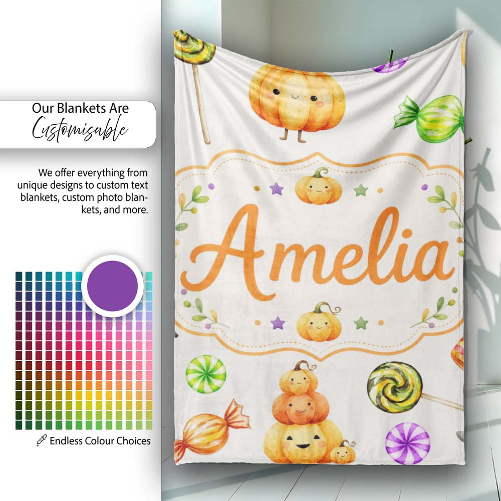 Cute Halloween Pumpkin Candy Characters Neutral Background Seamless Personalised Custom Name Super Soft Fleece Blanket Bed Sofa Throw
