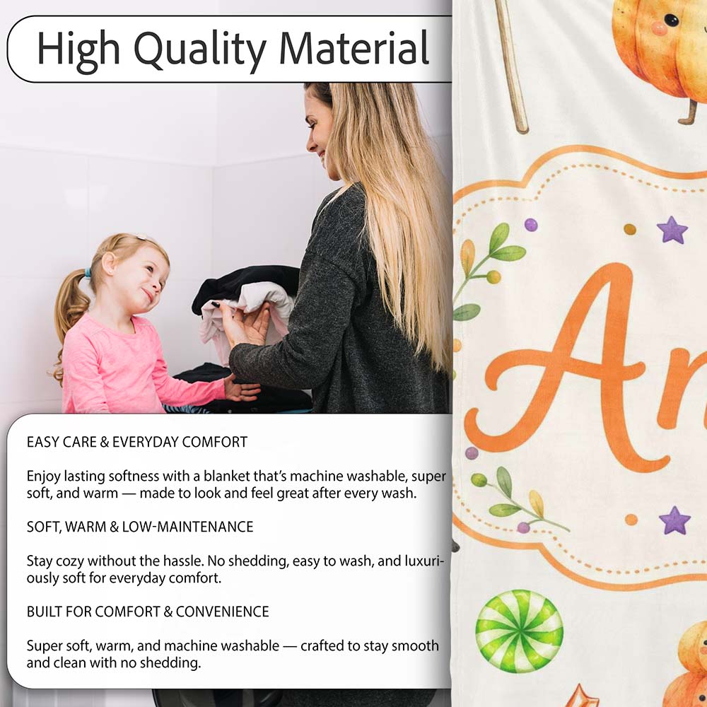 Cute Halloween Pumpkin Candy Characters Neutral Background Seamless Personalised Custom Name Super Soft Fleece Blanket Bed Sofa Throw