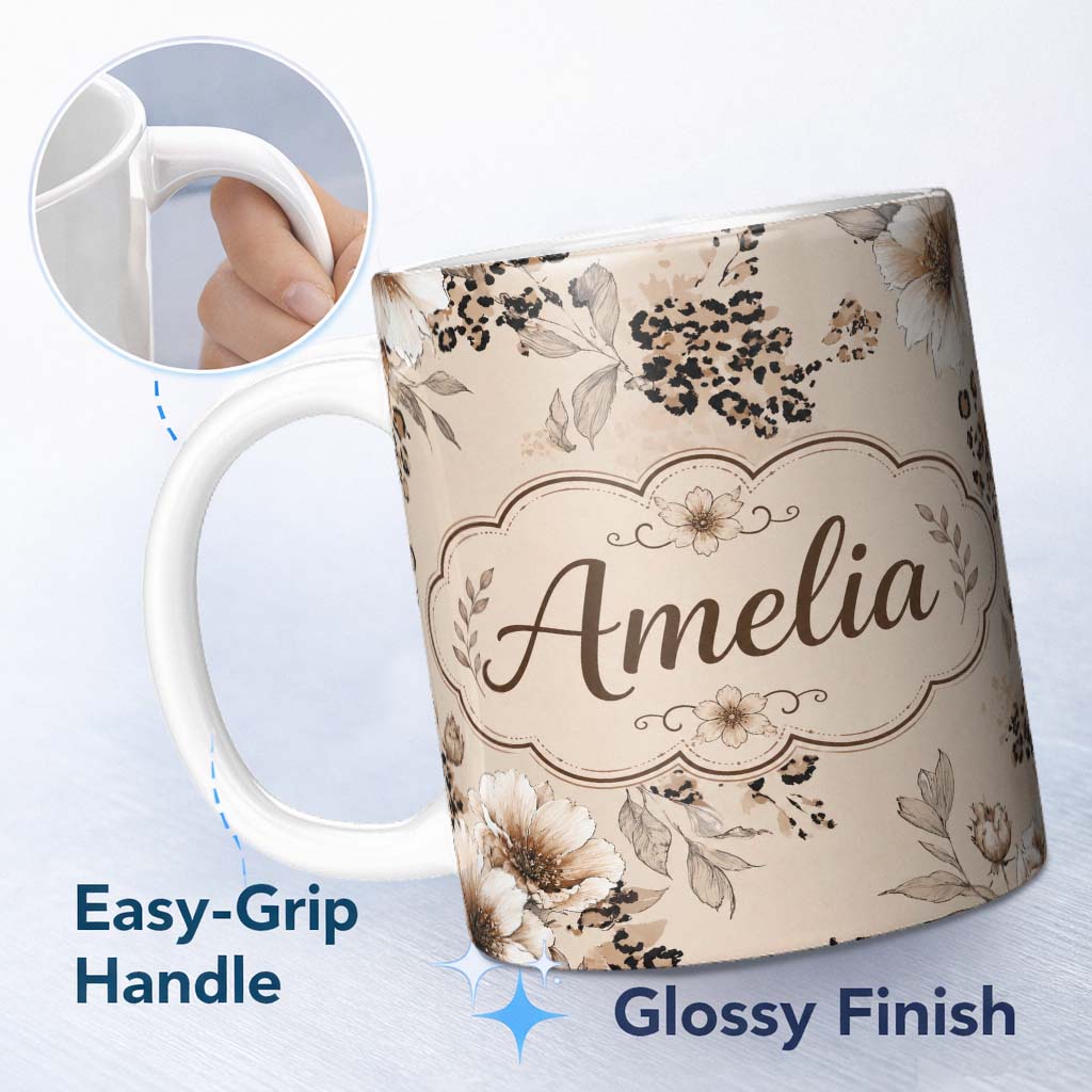 Personalized Custom Name Elegant Beige Floral with Vintage Flowers and Leopard Print Lovely 11oz Ceramic Coffee Tea Mug White Large Handle