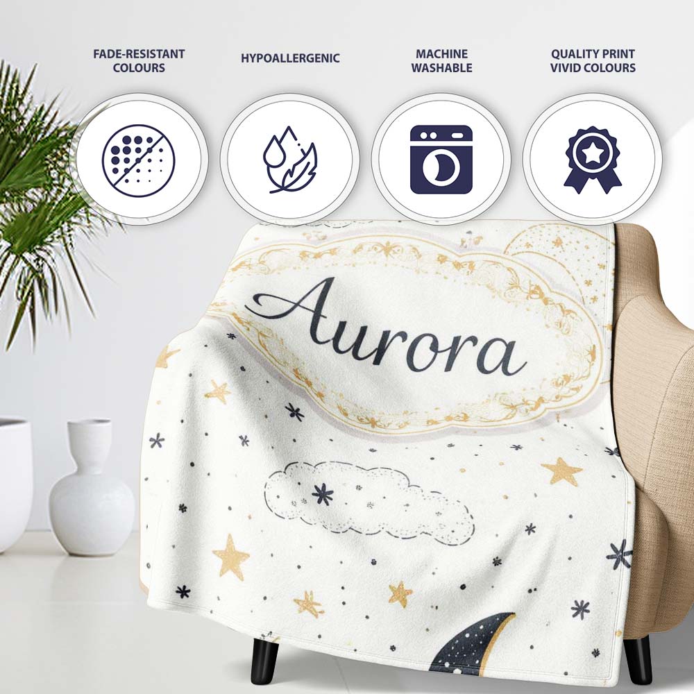 Cute Moon Stars Clouds Nursery Neutral Seamless Pattern Lovely Personalised Custom Name Super Soft Fleece Blanket Bed Sofa Throw