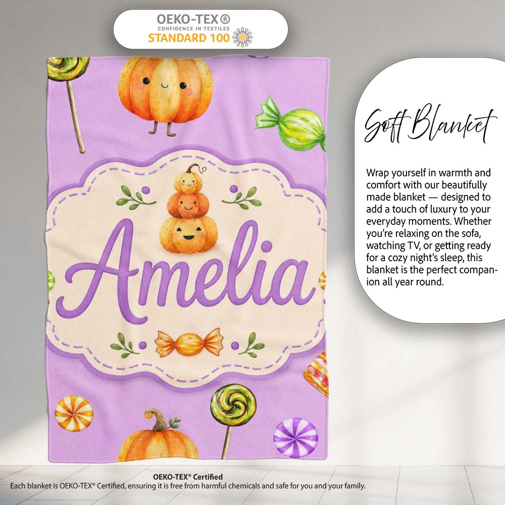 Cute Halloween Pumpkin Candy Characters Purple Background Seamless Personalised Custom Name Super Soft Fleece Blanket Bed Sofa Throw