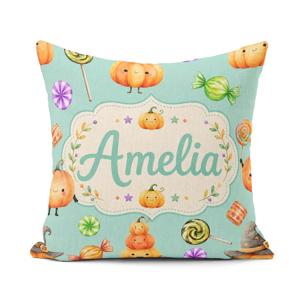 Custom Name Halloween Candy Characters Mint Background Seamless Square Filled Cushion Throw Pillow Sofa Bed Home Decor Zip Washable UK Made