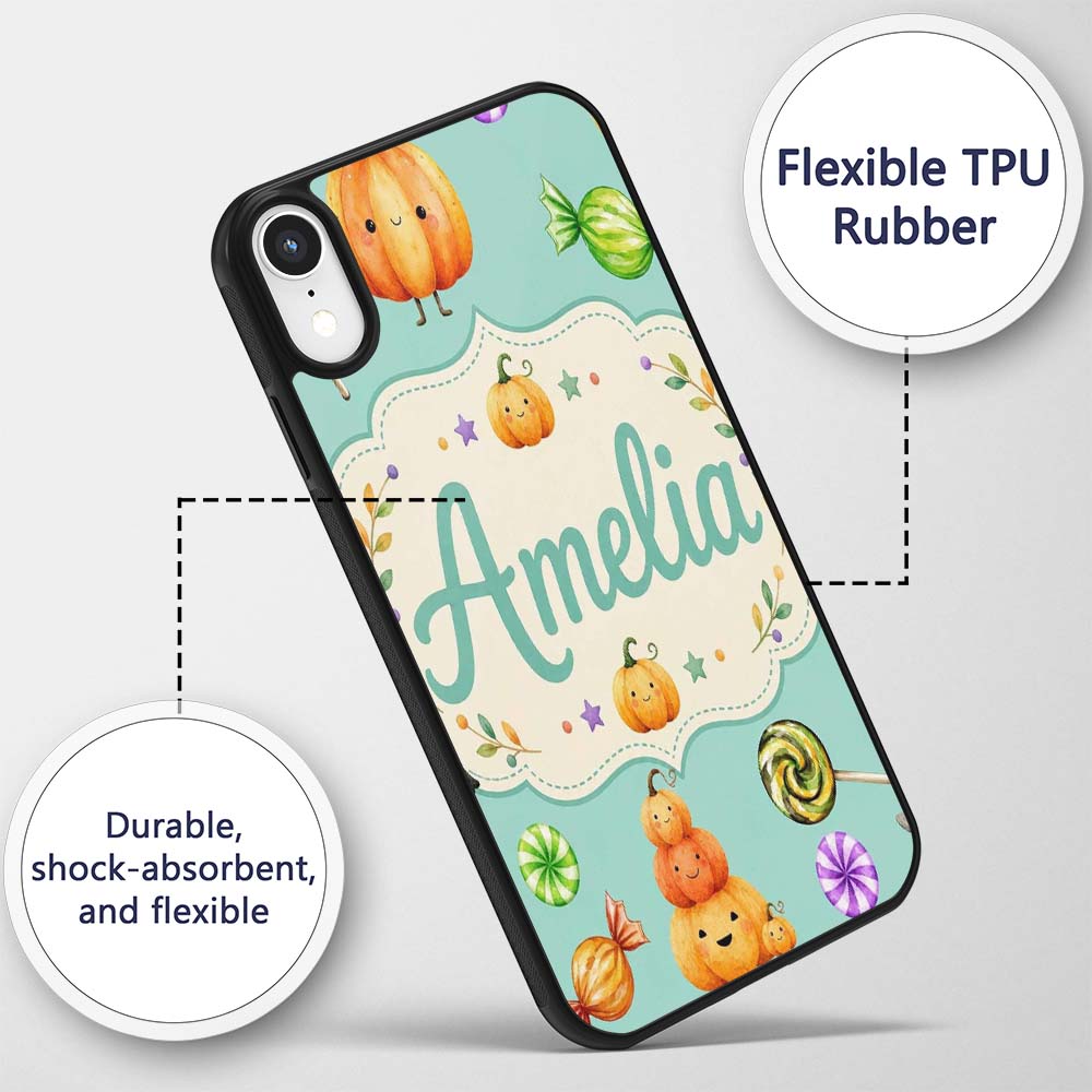 Cute Halloween Pumpkin Candy Characters Mint Custom Name Protective Phone Case Mobile Cover Durable Everyday Smartphone Shock Resistant