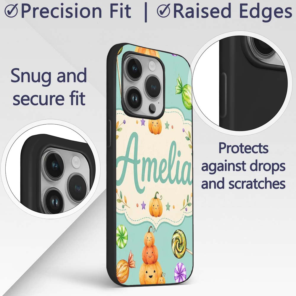 Cute Halloween Pumpkin Candy Characters Mint Custom Name Protective Phone Case Mobile Cover Durable Everyday Smartphone Shock Resistant