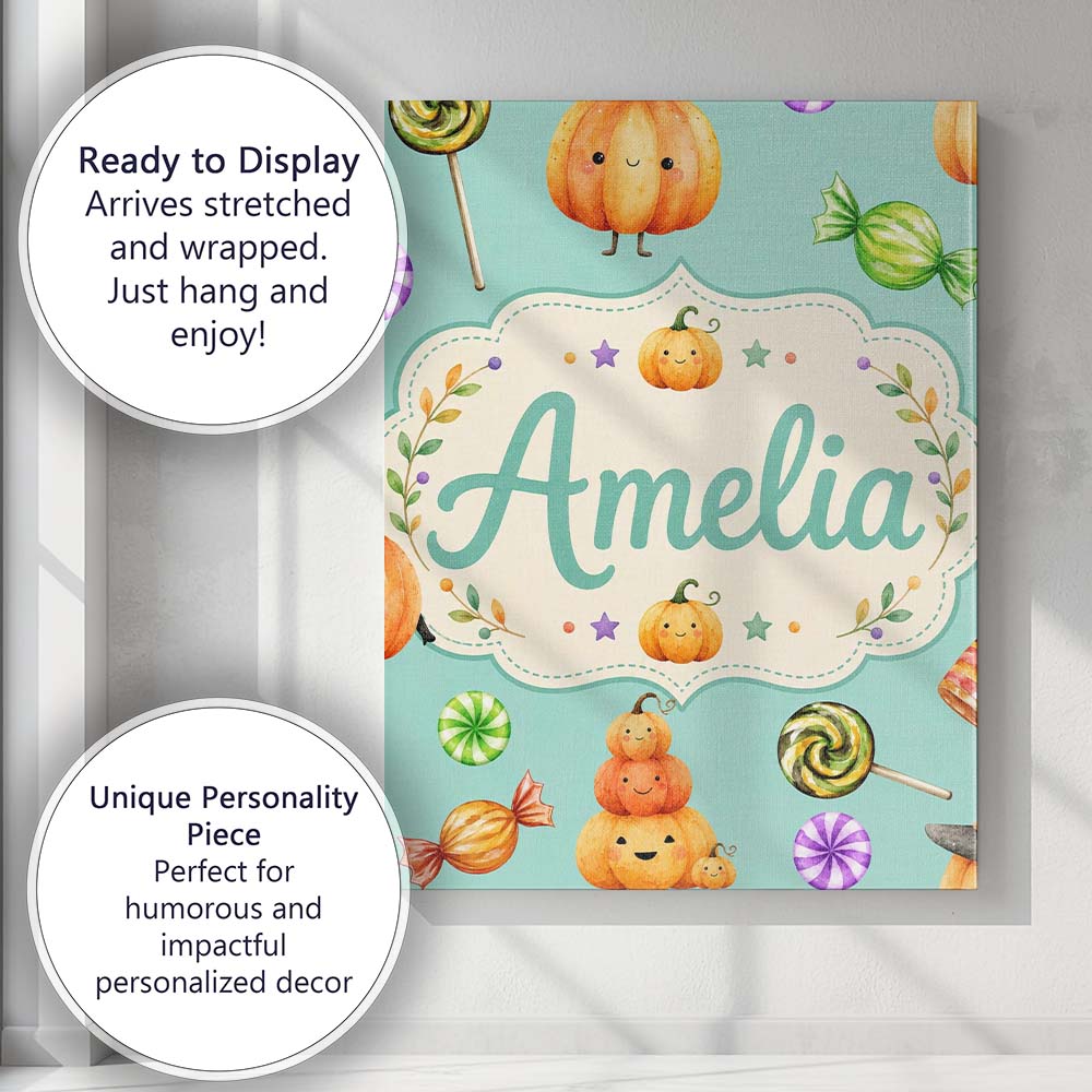 Personalised Name Cute Halloween Pumpkin Custom Unique Gift Idea Elegant Feature Canvas Wall Art Print Decor Picture Ready to Hang