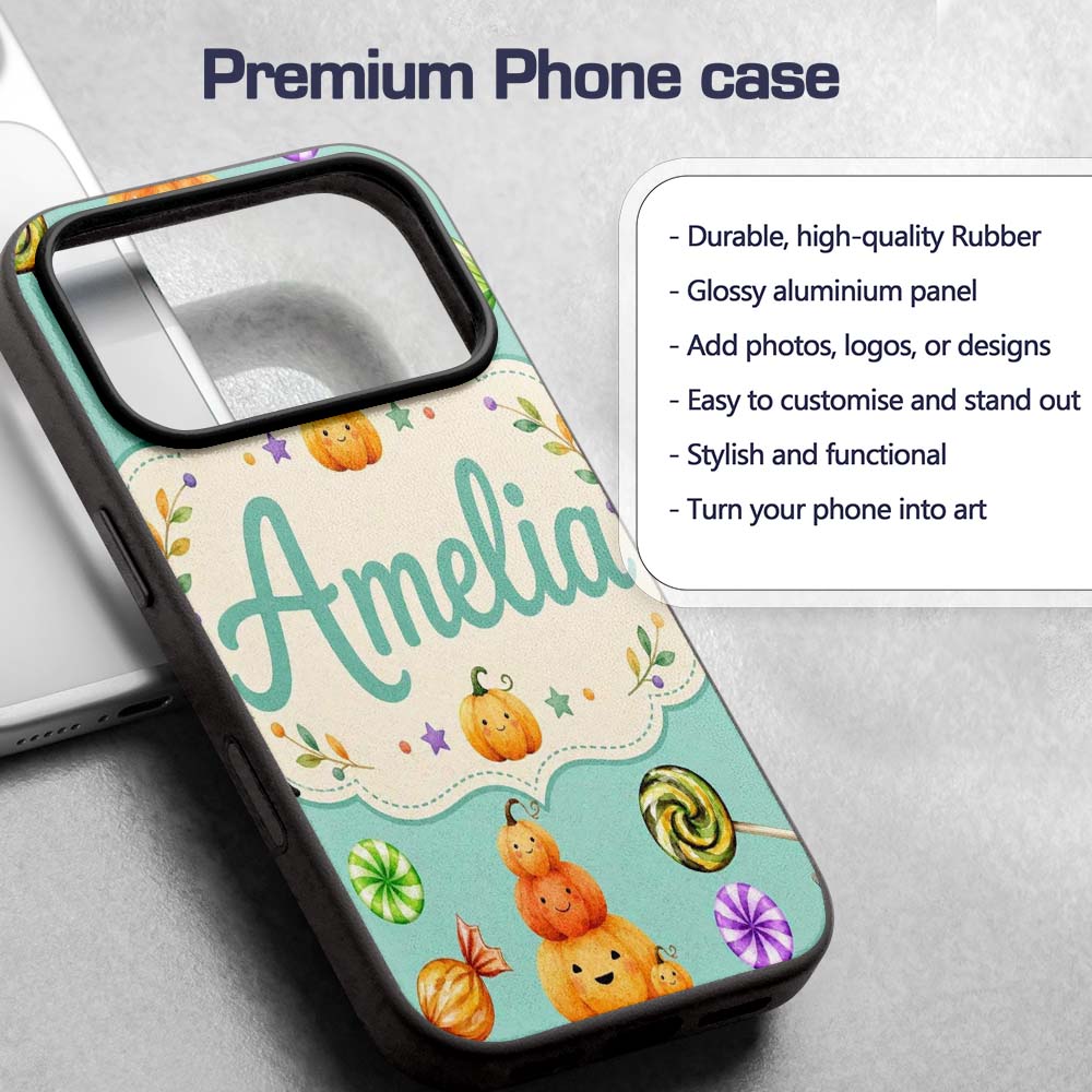 Cute Halloween Pumpkin Candy Characters Mint Custom Name Protective Phone Case Mobile Cover Durable Everyday Smartphone Shock Resistant