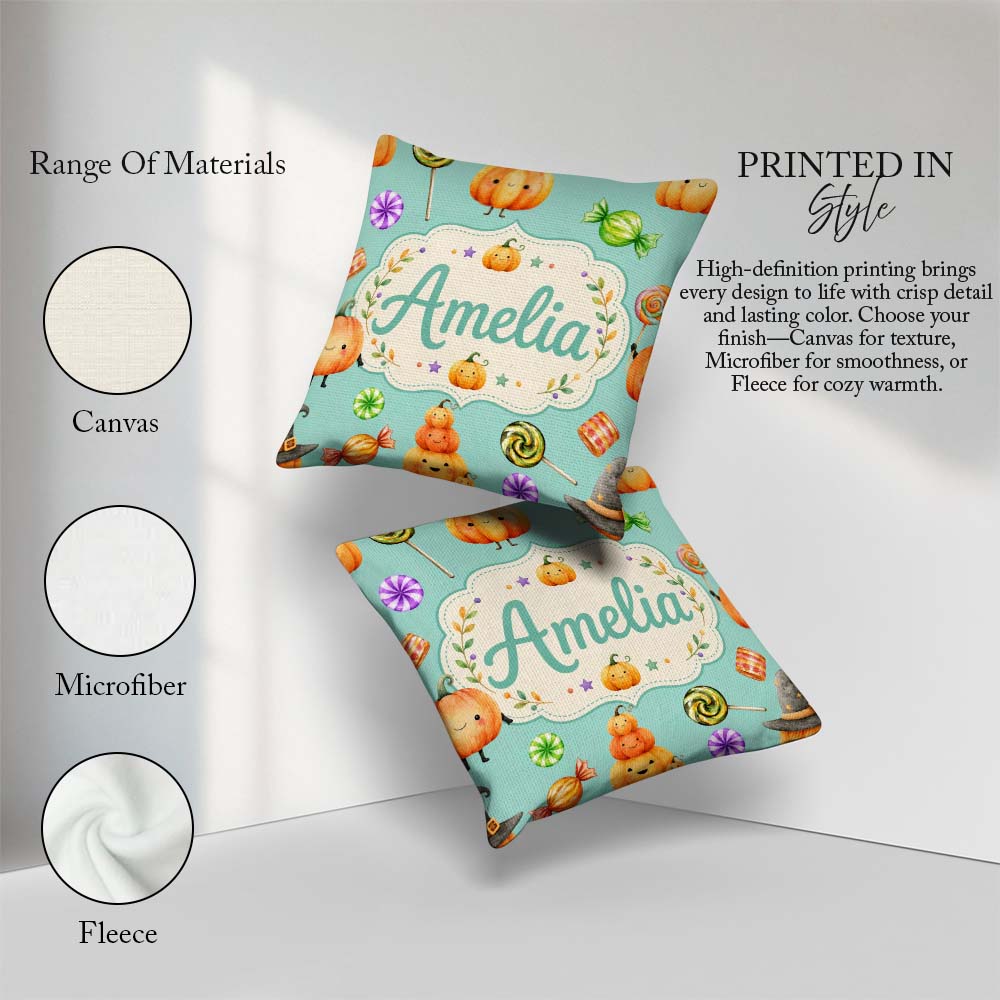 Custom Name Halloween Candy Characters Mint Background Seamless Square Filled Cushion Throw Pillow Sofa Bed Home Decor Zip Washable UK Made