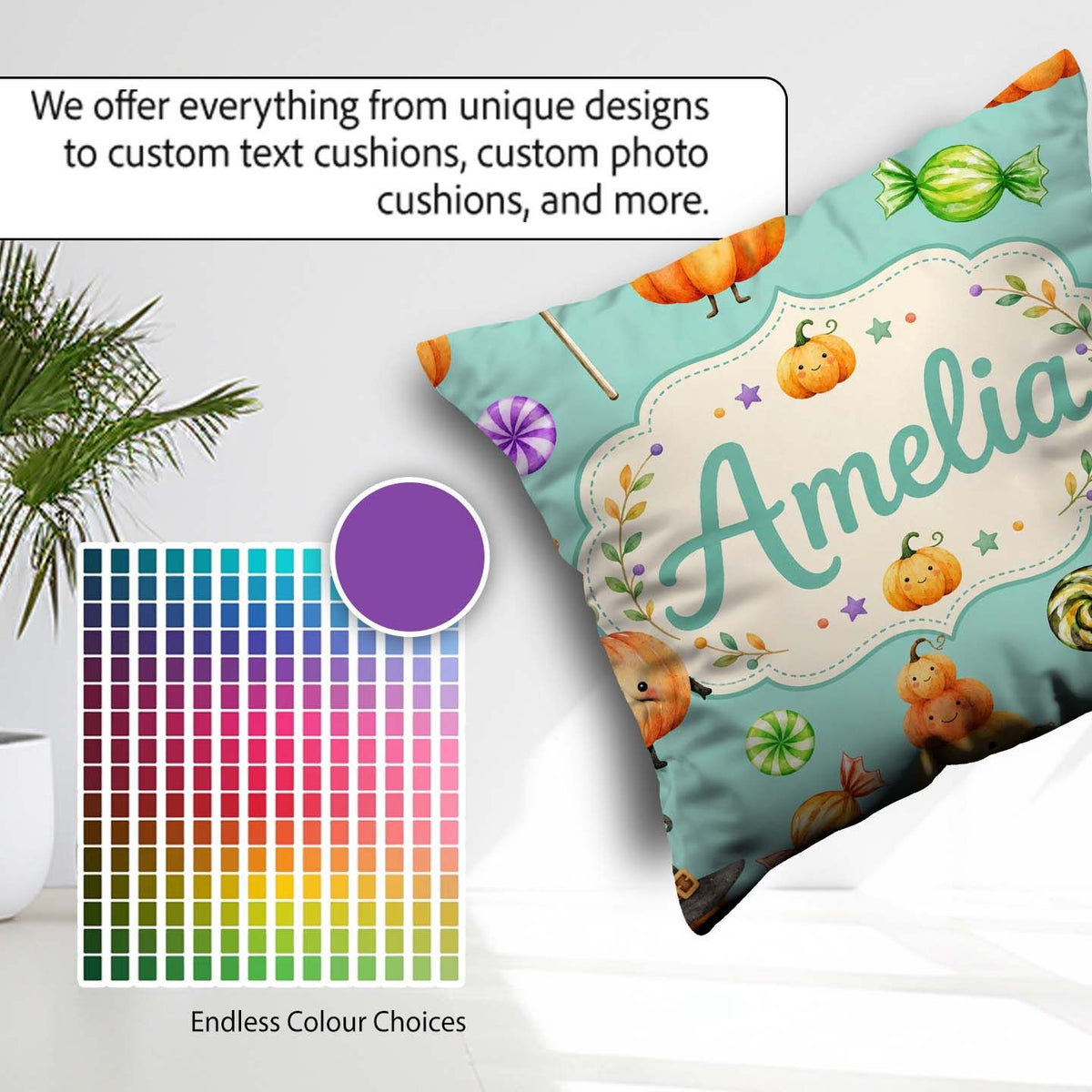 Custom Name Halloween Candy Characters Mint Background Seamless Square Filled Cushion Throw Pillow Sofa Bed Home Decor Zip Washable UK Made