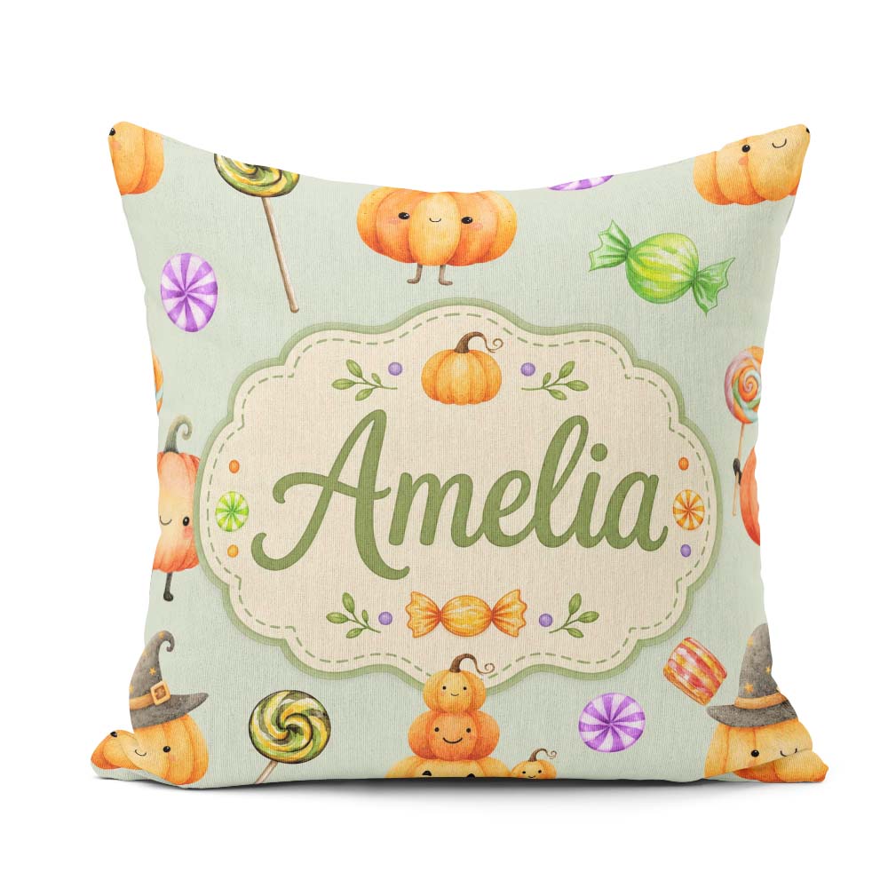 Custom Name Halloween Candy Characters Sage Background Seamless Square Filled Cushion Throw Pillow Sofa Bed Home Decor Zip Washable UK Made