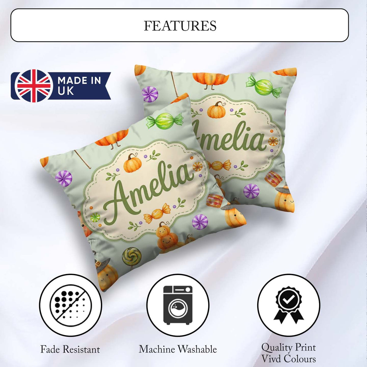 Custom Name Halloween Candy Characters Sage Background Seamless Square Filled Cushion Throw Pillow Sofa Bed Home Decor Zip Washable UK Made