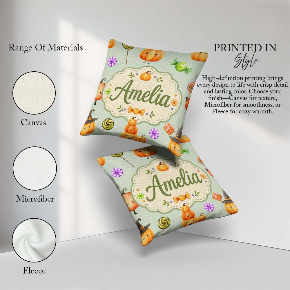 Custom Name Halloween Candy Characters Sage Background Seamless Square Filled Cushion Throw Pillow Sofa Bed Home Decor Zip Washable UK Made
