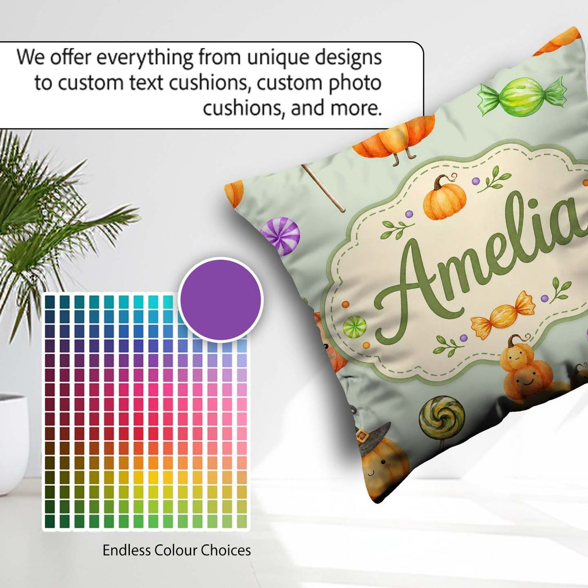 Custom Name Halloween Candy Characters Sage Background Seamless Square Filled Cushion Throw Pillow Sofa Bed Home Decor Zip Washable UK Made