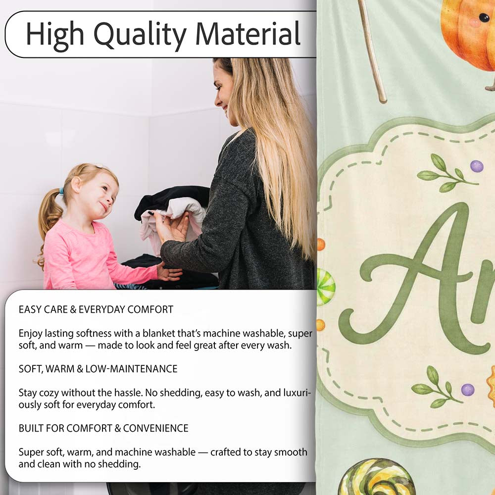 Cute Halloween Pumpkin Candy Characters Sage Background Seamless Personalised Custom Name Super Soft Fleece Blanket Bed Sofa Throw