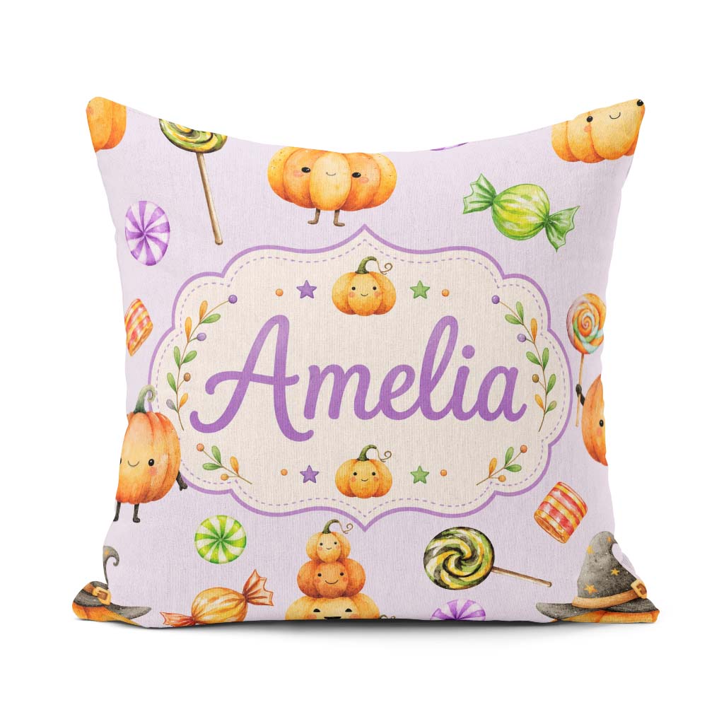 Custom Name Halloween Candy Characters Lilac Background Seamless Square Filled Cushion Throw Pillow Sofa Bed Home Decor Zip Washable UK Made