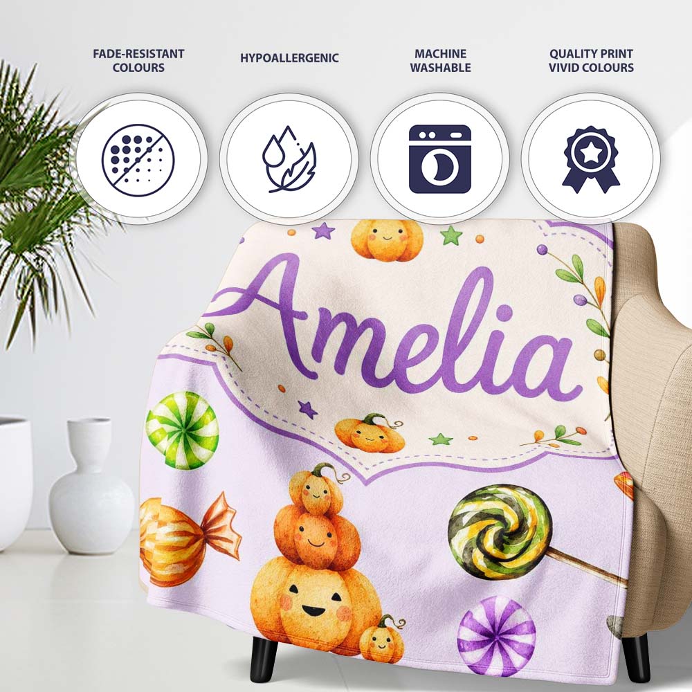 Cute Halloween Pumpkin Candy Characters Lilac Background Seamless Personalised Custom Name Super Soft Fleece Blanket Bed Sofa Throw