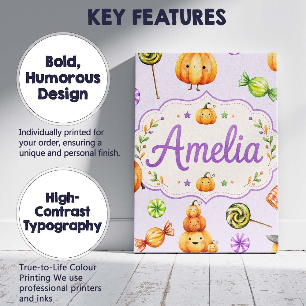 Personalised Name Cute Halloween Pumpkin Custom Unique Gift Idea Elegant Feature Canvas Wall Art Print Decor Picture Ready to Hang